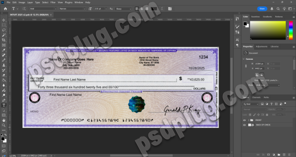 Intuit Check Editable Psd Template Front & Back With Watermark V2